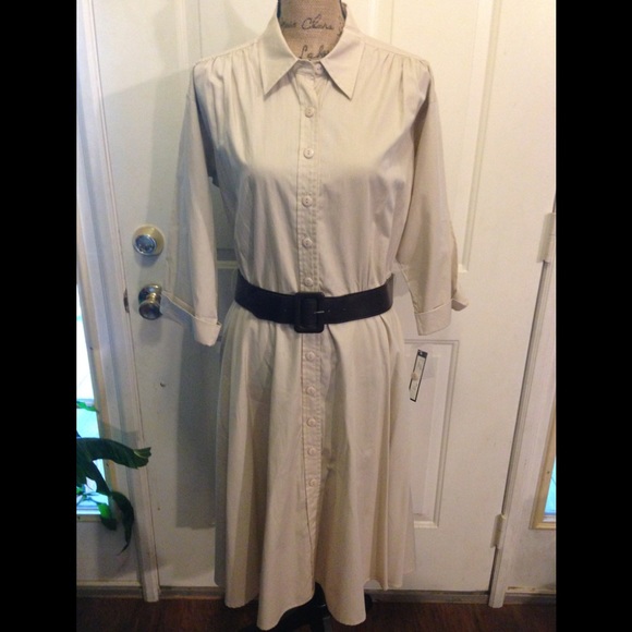 Bahari Dresses & Skirts - NWT Cream Belted Long Sleeve Button Front Dress